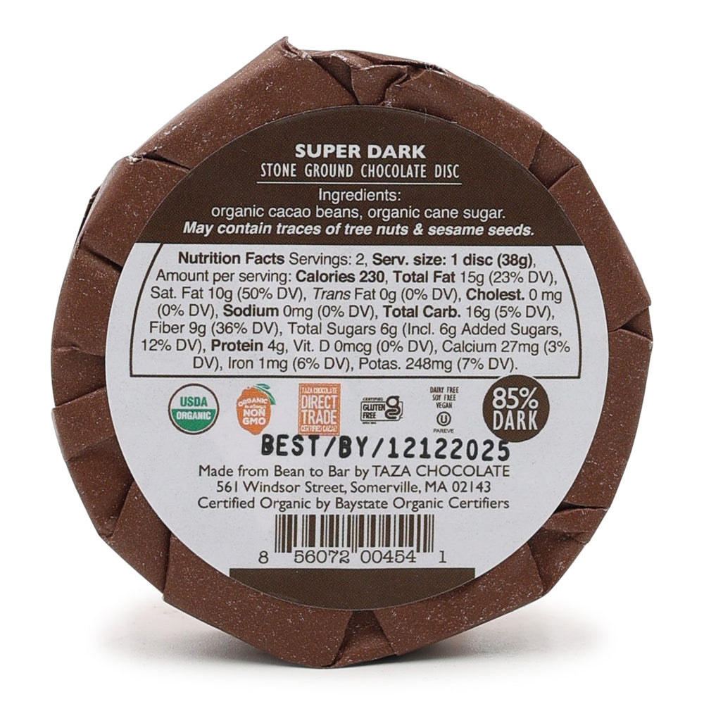 Taza 85% Stone Ground Dark Chocolate Disc back