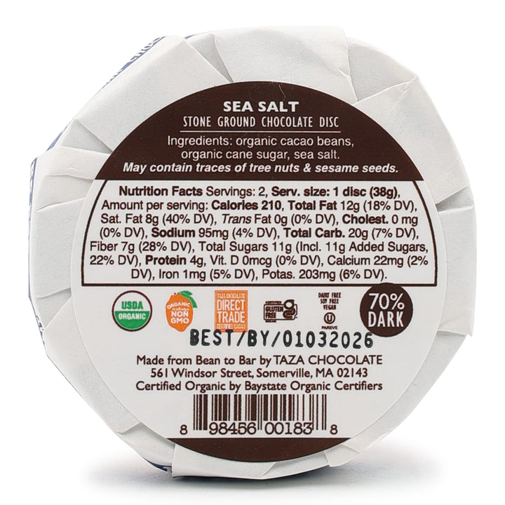 Taza Stone Ground Dark Chocolate Disc with Sea Salt back