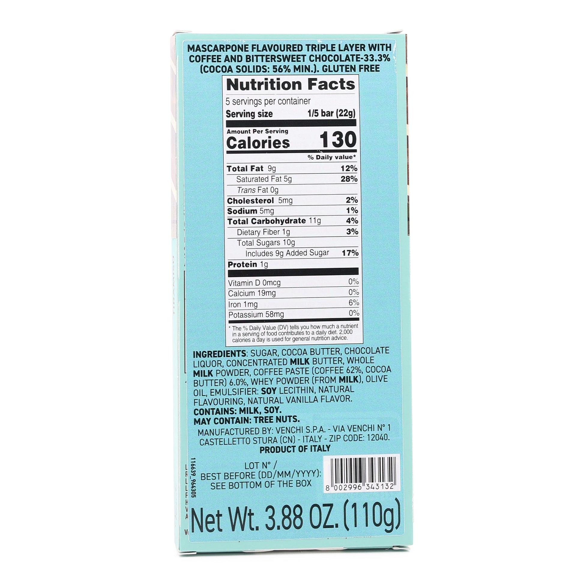 Venchi Tiramisu Milk Chocolate Bar back