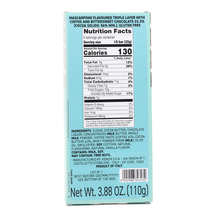 Venchi Tiramisu Milk Chocolate Bar back