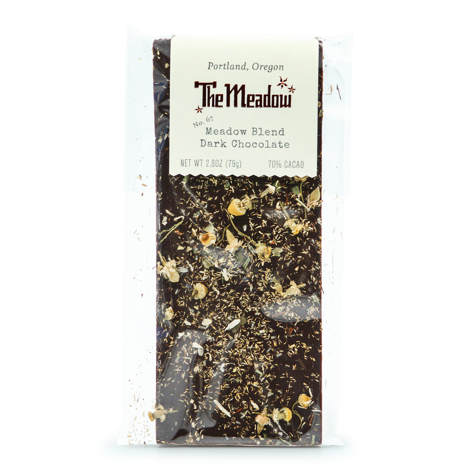 Image of the front of The Meadow Dark Chocolate with Meadow Blend No. 67