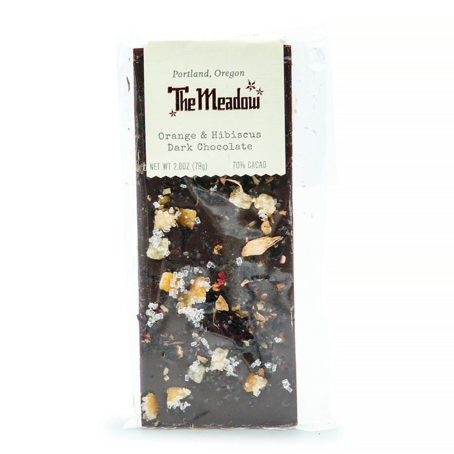 Image of the front of The Meadow Dark Chocolate with Candied Orange & Hibiscus