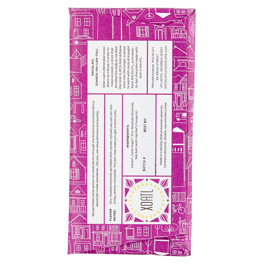 Image of the back of Xocolatl "Go Nuts" 68% Dark Chocolate with Roasted Almonds with Vanilla infused Sea Salt