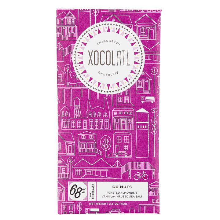 Image of the front of Xocolatl "Go Nuts" 68% Dark Chocolate with Roasted Almonds with Vanilla infused Sea Salt