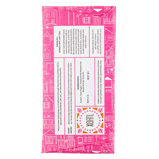 Image of the back of Xocolatl "Love and Happiness" 60% Dark Chocolate with Blood Orange and Raspberries