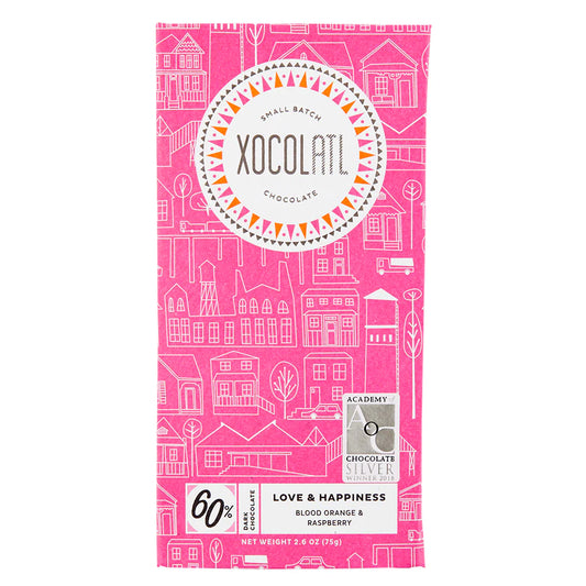 Image of the front of Xocolatl "Love and Happiness" 60% Dark Chocolate with Blood Orange and Raspberries