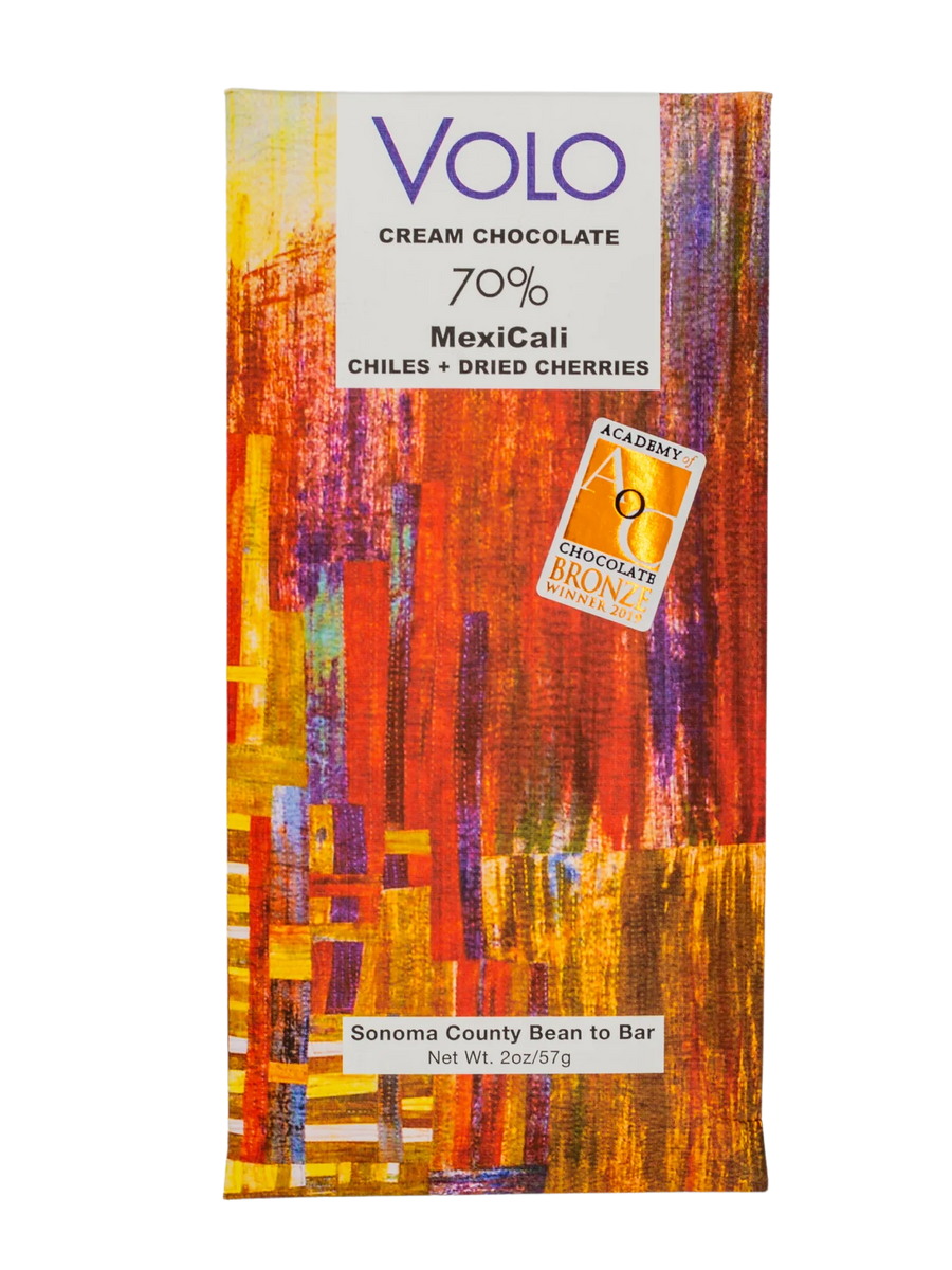 Image of the front of Volo 70% Dark Milk Chocolate with Chiles and Cherries