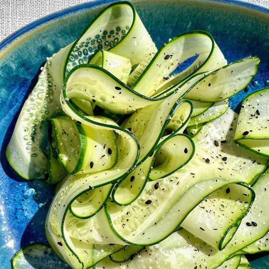 Thinly sliced zucchini ribbons arranged in a blue ceramic bowl, sprinkled with coarse sea salt and black pepper.