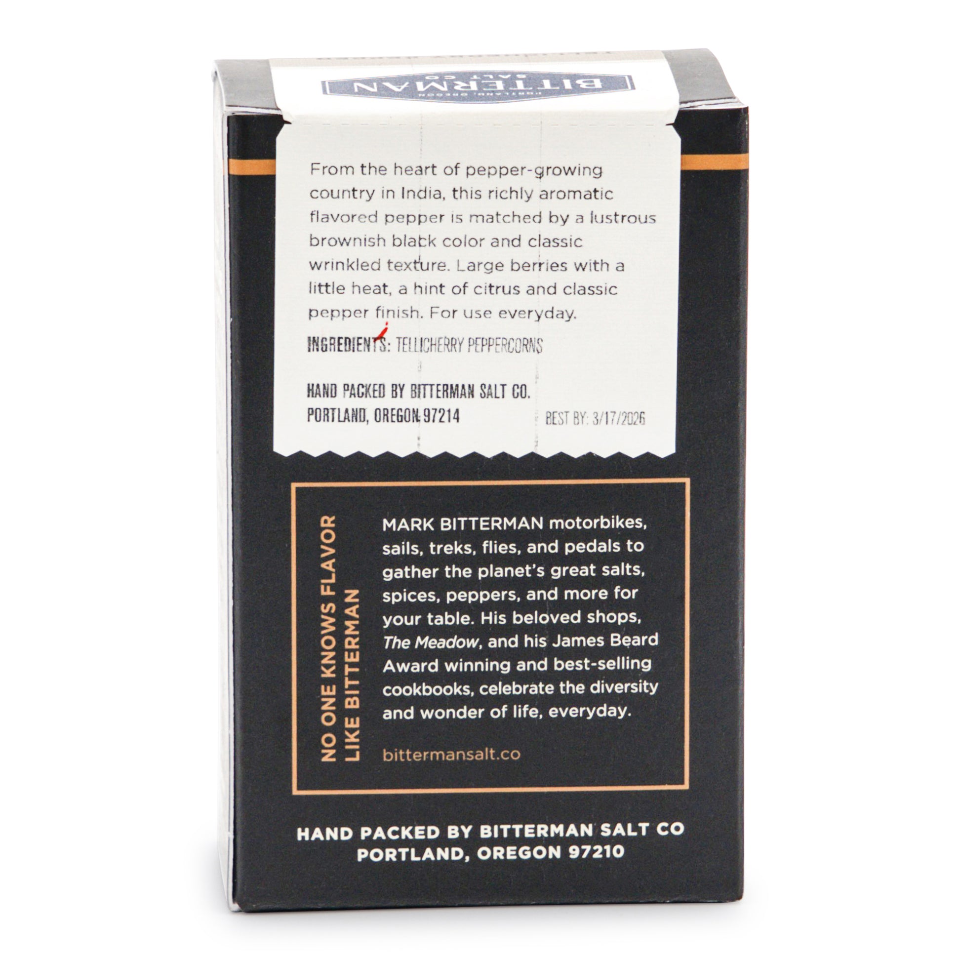 Tellicherry Black Pepper from India back of box