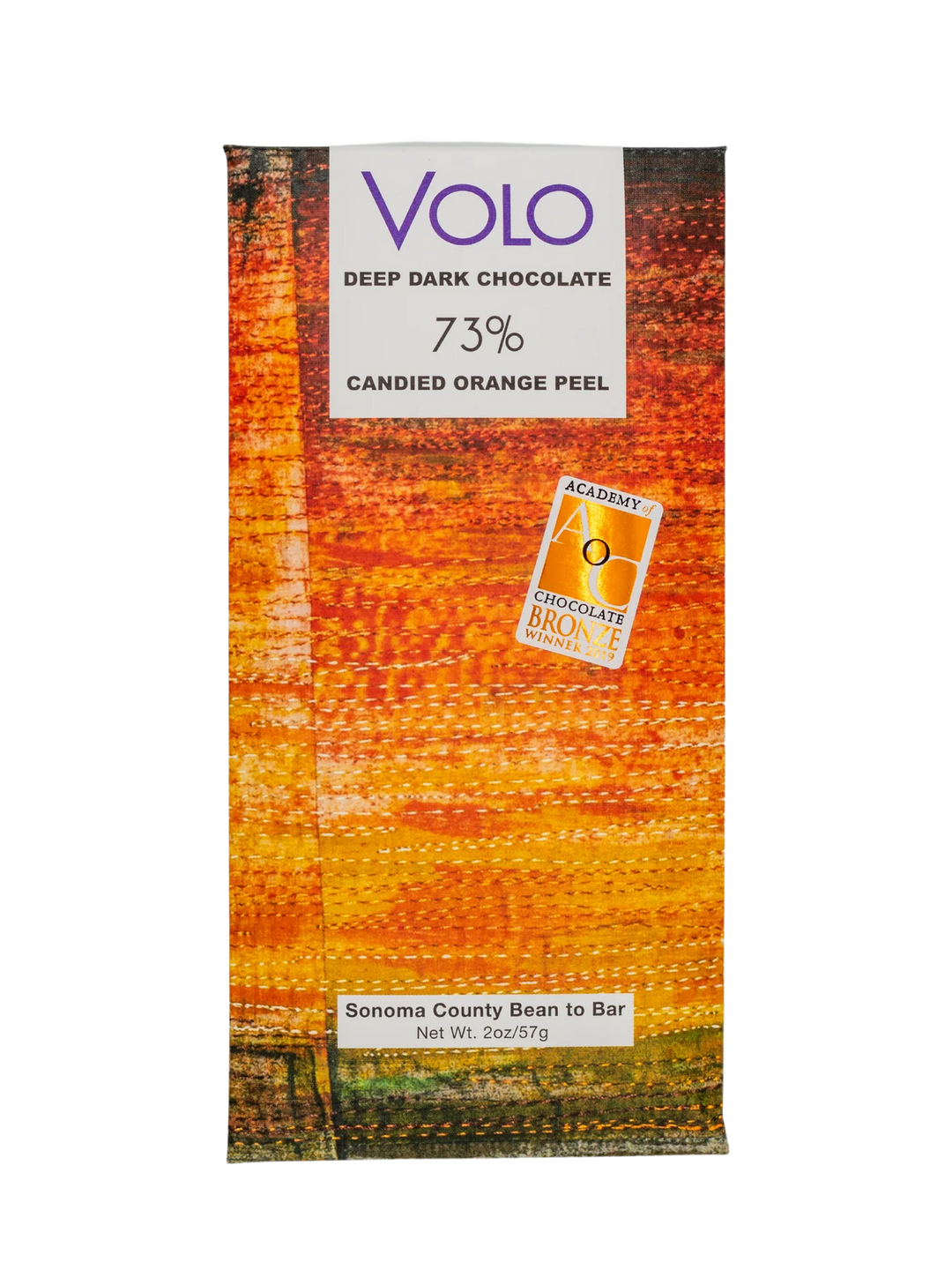 Image of the front of Volo 73% Dark Chocolate with Candied Orange Peel