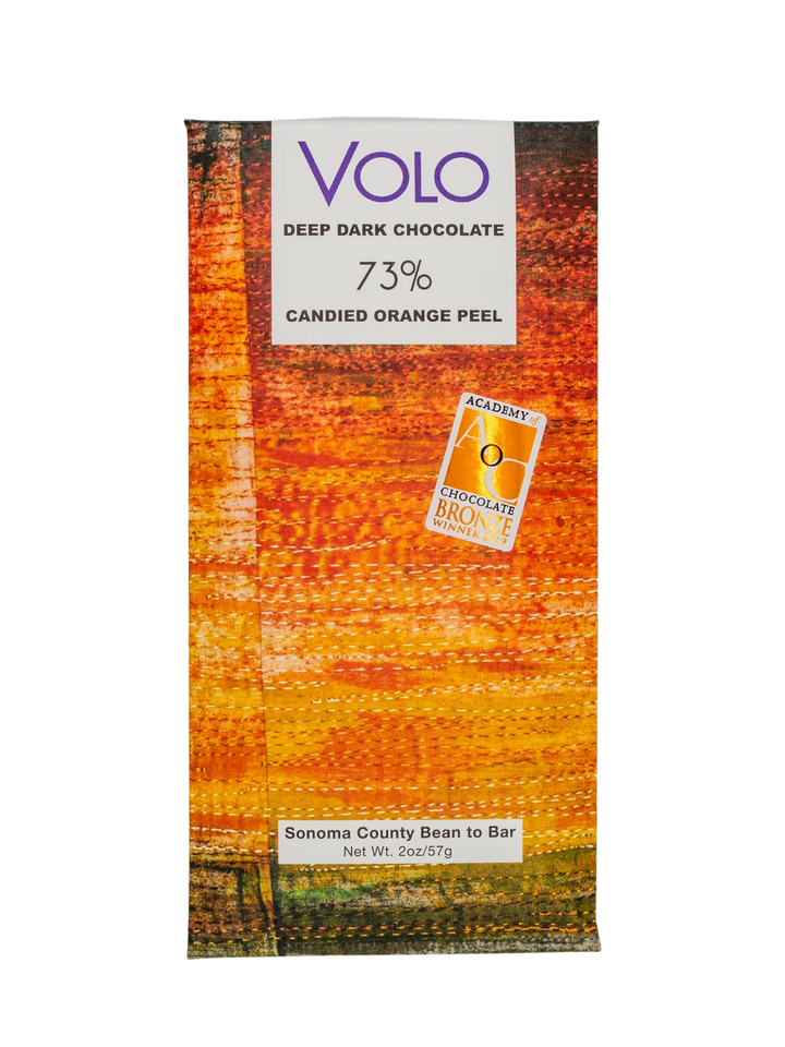 Image of the front of Volo 73% Dark Chocolate with Candied Orange Peel