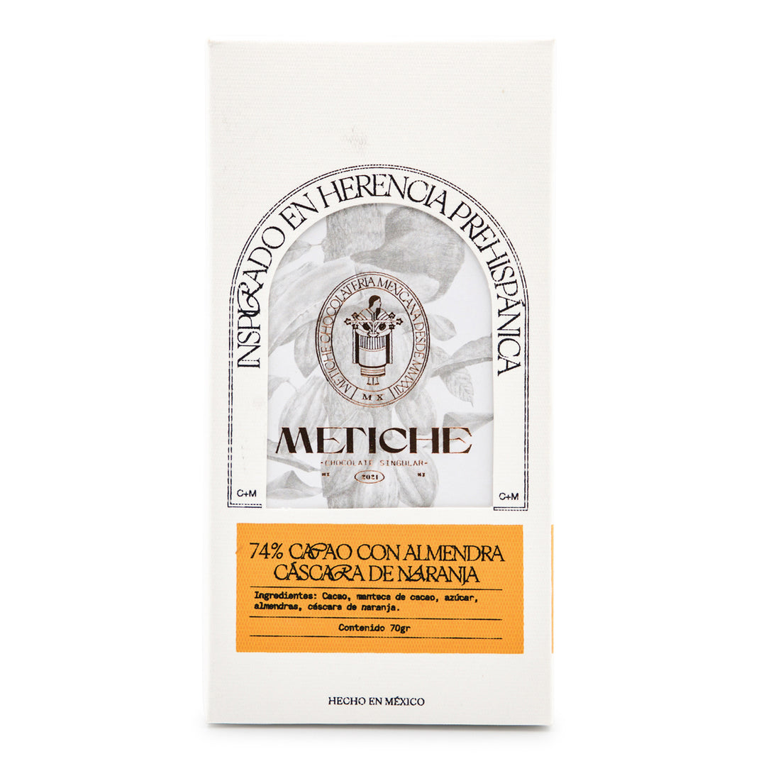 Metiche 74% Dark Chocolate with Roasted Almonds and Candied Orange Peel