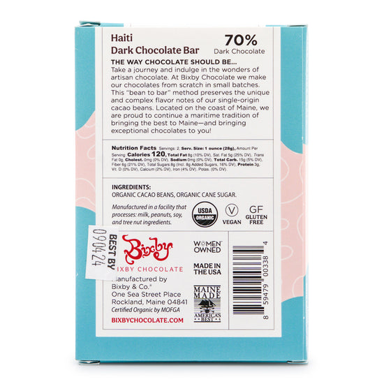 Bixby Haitian 70% Dark Chocolate back of bar