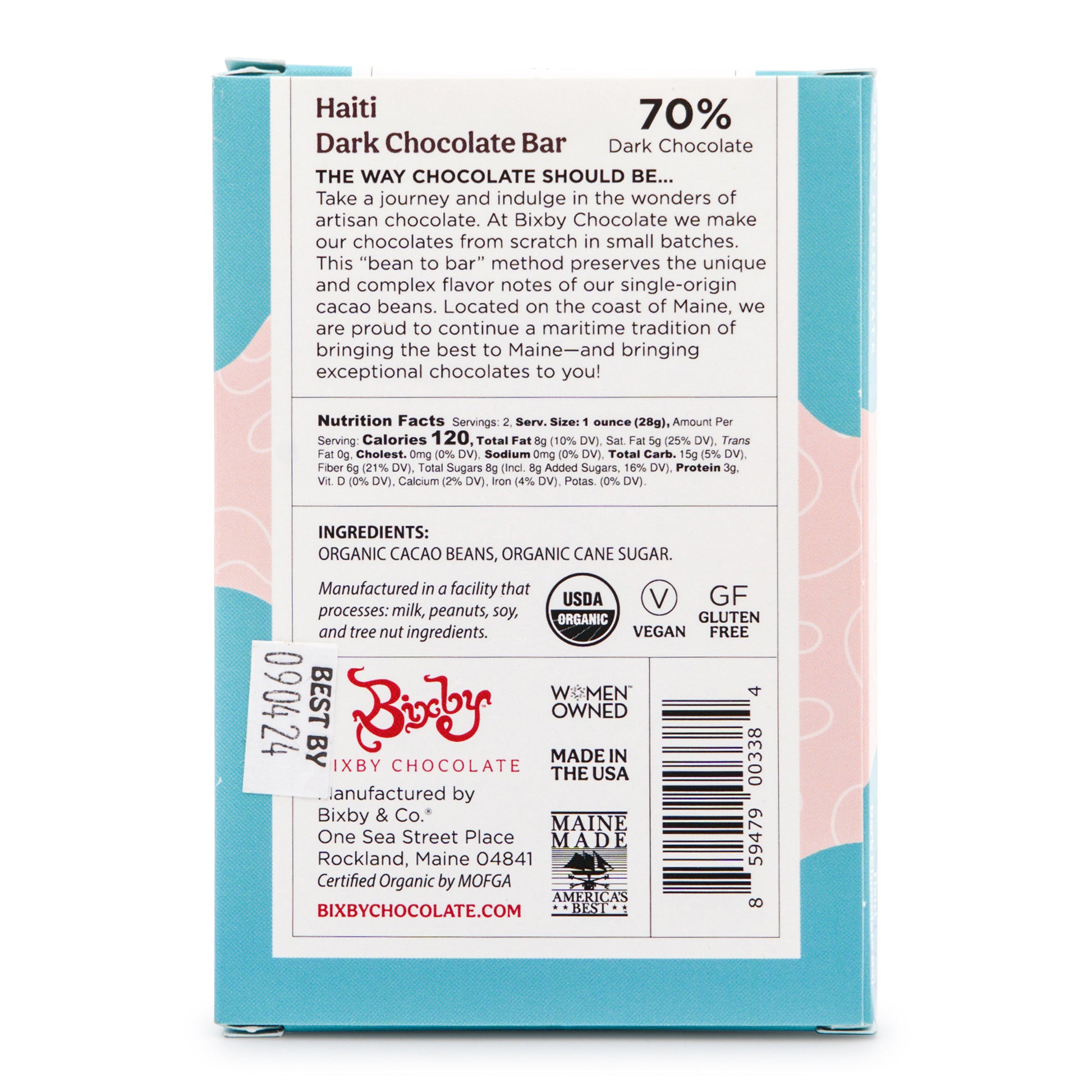 Bixby Haitian 70% Dark Chocolate back of bar