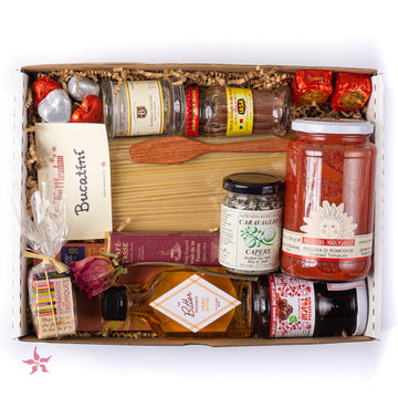 date night gift box with pasta, tomatoes, capers, chocolates, and more
