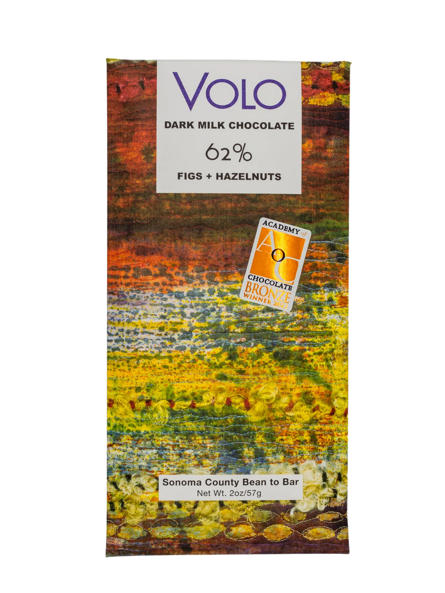 Image of the front of Volo 62% Dark Milk Chocolate with Figs, Hazelnuts, and Almonds