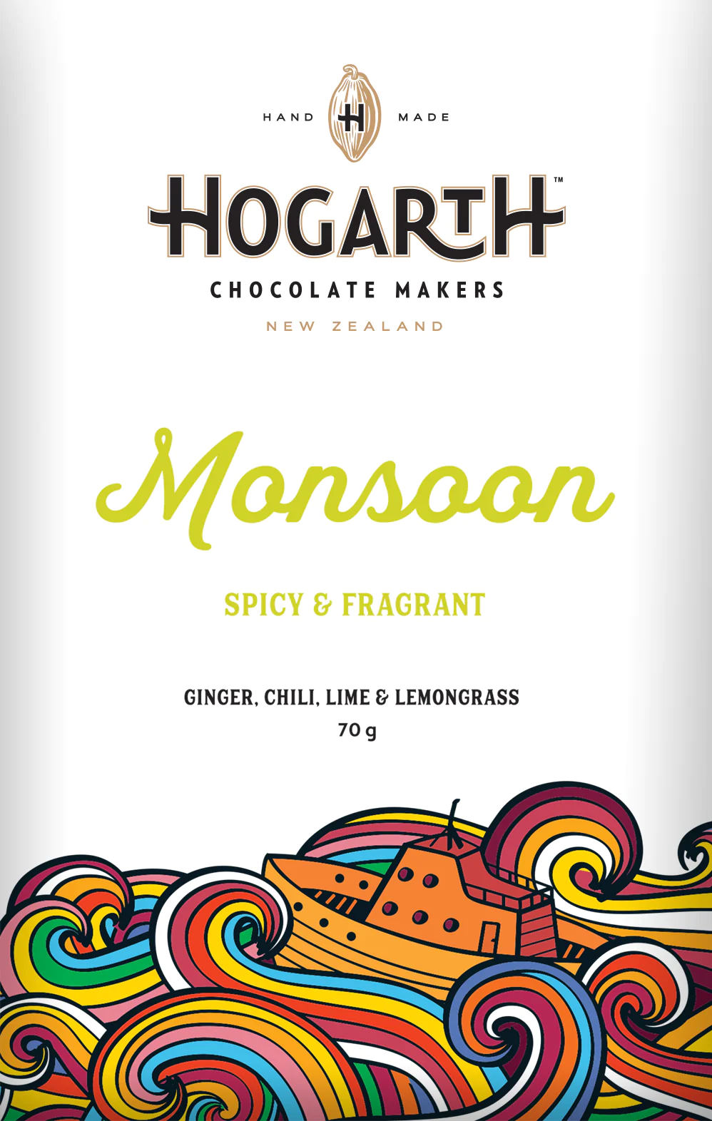 Image of the front of Hogarth Chocolate Monsoon 66% Dark Chocolate with Ginger, Chile, Lime, and Lemongrass