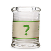 Clear glass jar with a beige label featuring a green question mark on a white background