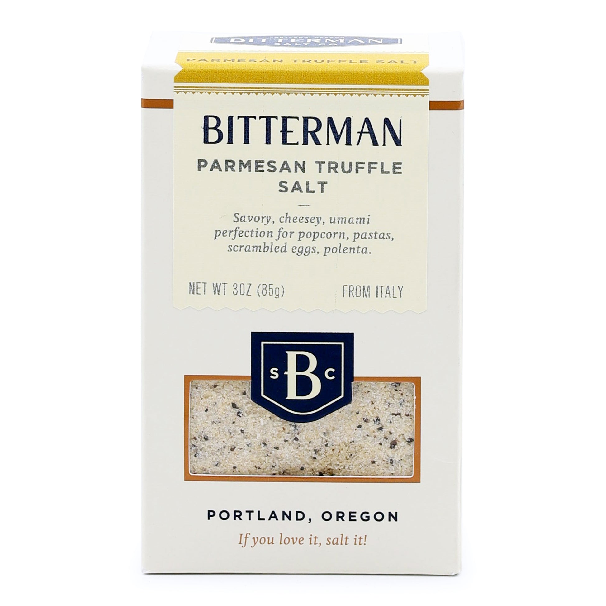 Bitterman Parmesan Truffle Salt in 3oz box on a white background