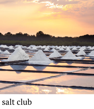 Salt piles at a salt works with a sunset sky with words salt club