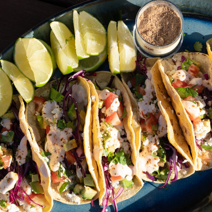 fish tacos with Sal de Gusano Spicy Worm Salt