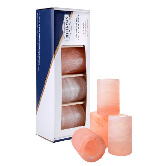 Set of pink salt shot glasses with packaging displaying the brand 'Bitterman'.