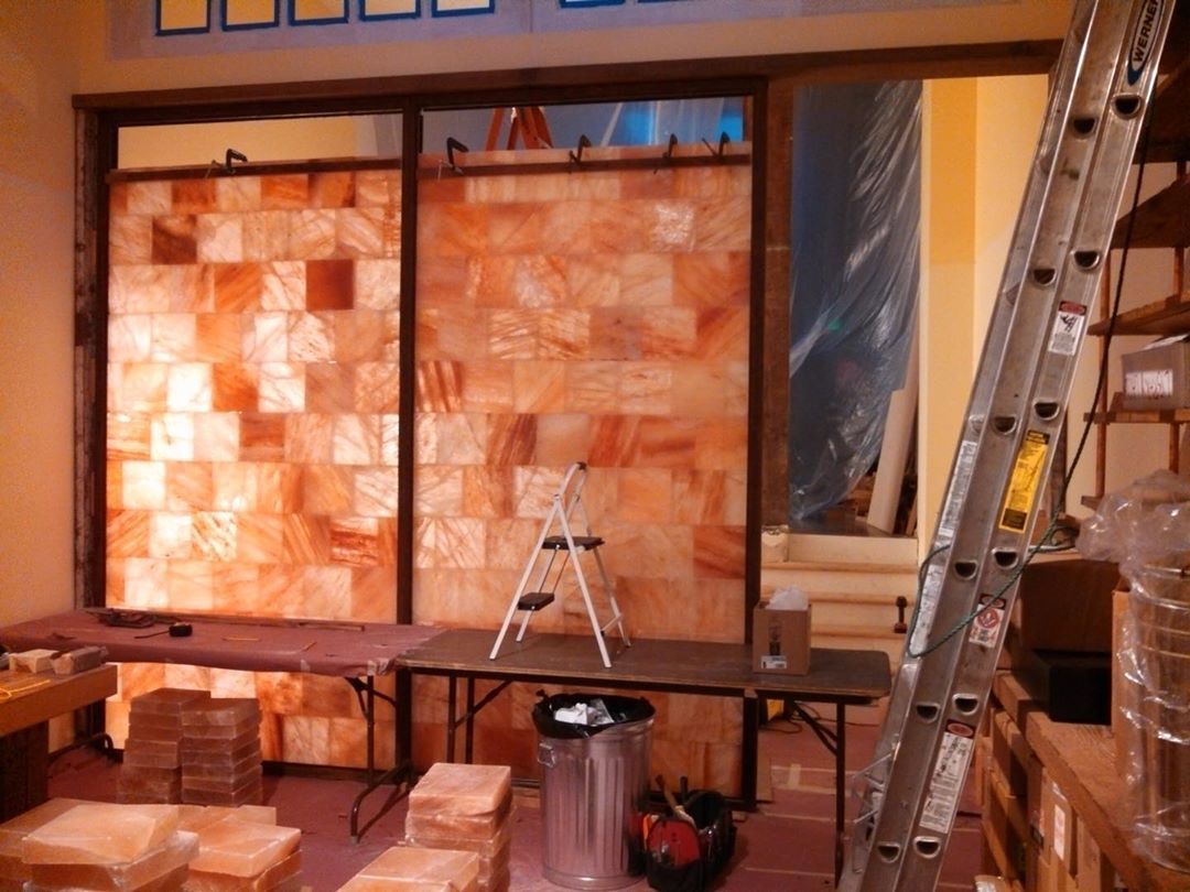 building a wall of pink himalayan salt