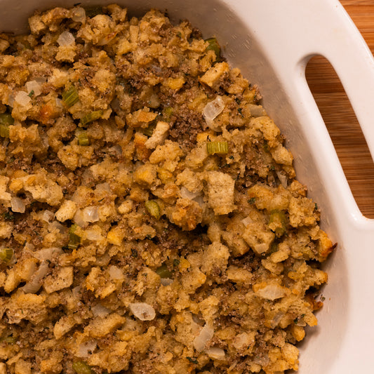 Close-up of a dish filled with stuffing with porcini herb salt