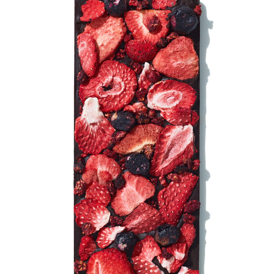 Spring and Mulberry Dark Chocolate with Mixed Berries unwrapped