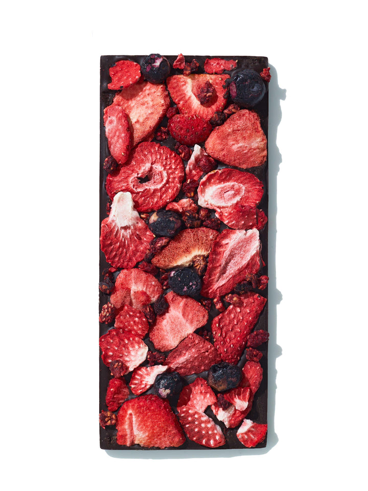 Spring and Mulberry Dark Chocolate with Mixed Berries unwrapped