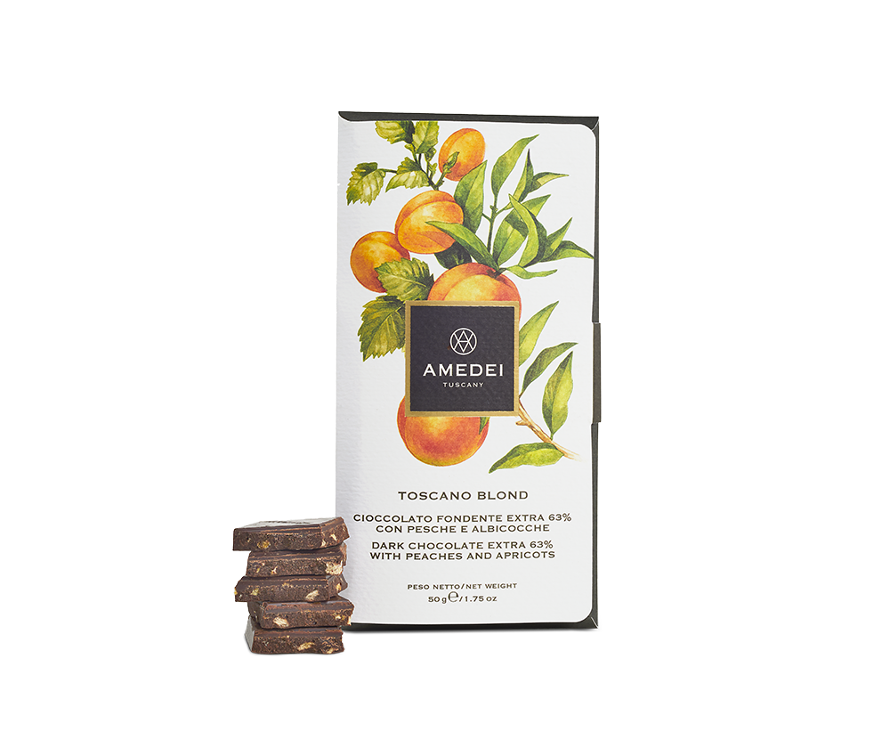 Amedei Toscano Blond 63% Dark Chocolate with Apricots and Peaches