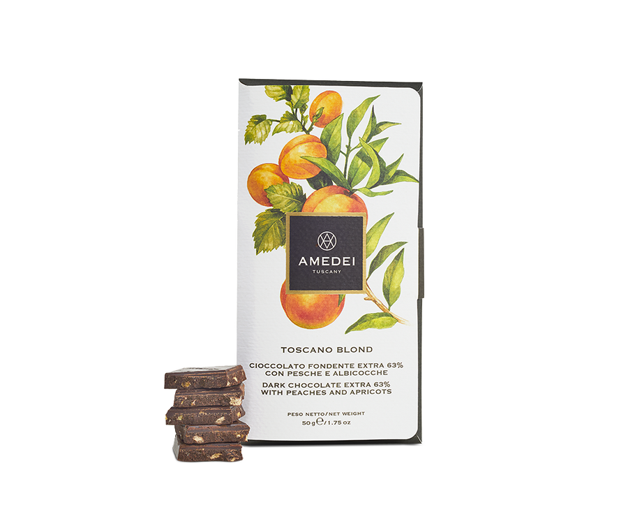 Amedei Toscano Blond 63% Dark Chocolate with Apricots and Peaches